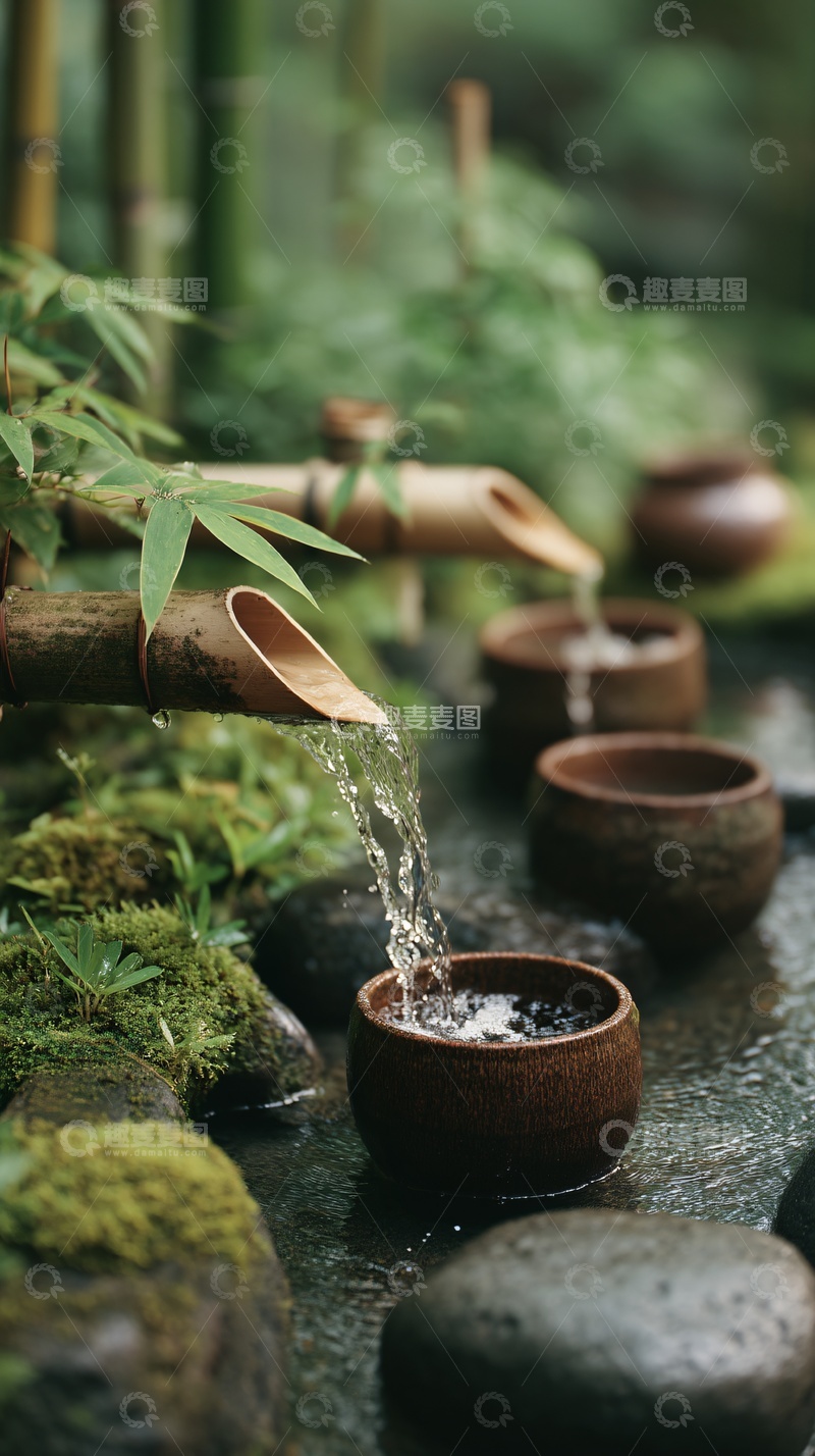 高清大图下载【趣麦麦图】-竹制流水与陶碗景观867