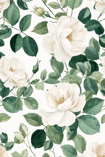 白色花卉绿叶插画图案810