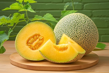 木盘上的哈密瓜及绿叶860