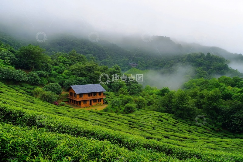 高清大图下载【趣麦麦图】山间茶园中的木屋景观376