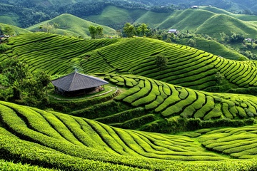 绿色梯田中的小屋美景089