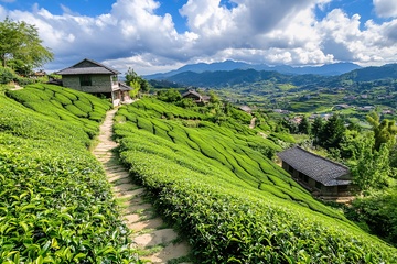 山间翠绿茶园与小屋美景017