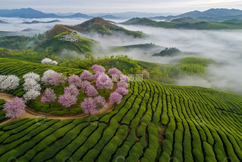 高清大图下载【趣麦麦图】山间茶园与烂漫樱花美景854