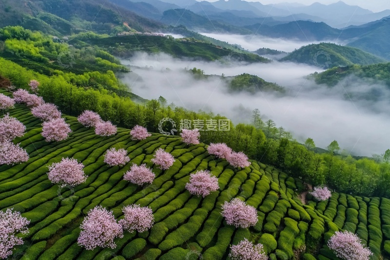高清大图下载【趣麦麦图】山间茶园与盛开樱花美景621