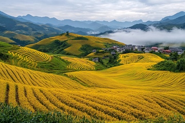 金黄梯田与远山云雾美景803
