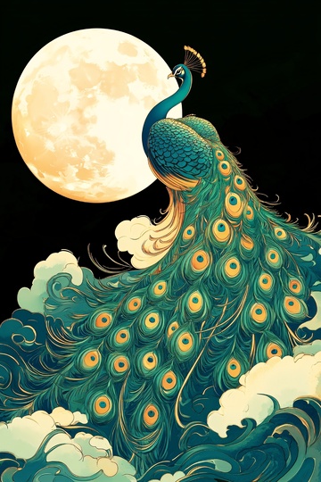 月夜下开屏的孔雀插画128