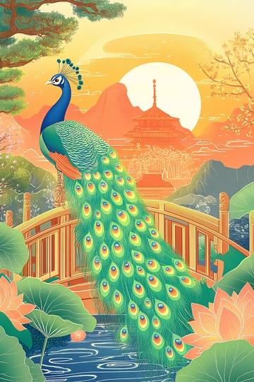 孔雀立于桥上的中式美景820