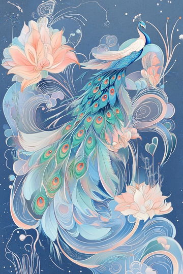 梦幻孔雀与花卉插画592