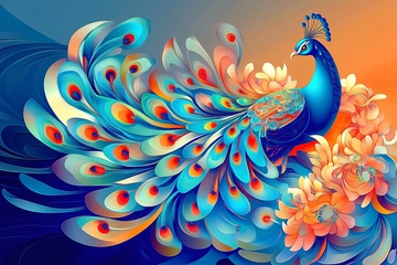 绚丽孔雀与花卉插画631