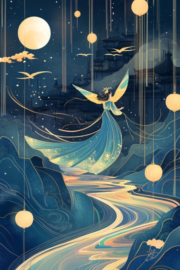 古风仙女月夜飞行插画676