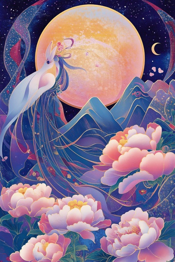 月下仙鸟伴牡丹奇幻插画233