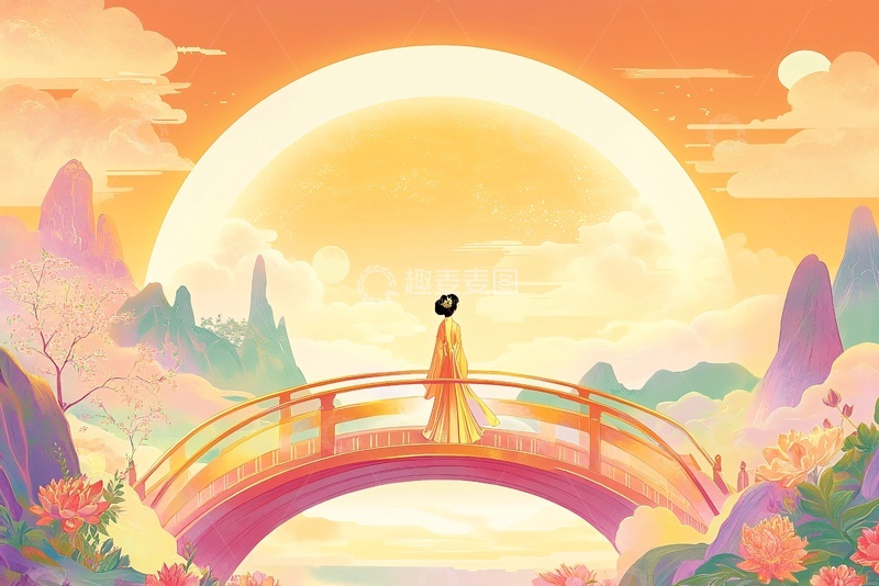 高清大图下载【趣麦麦图】古风女子桥上赏景插画521