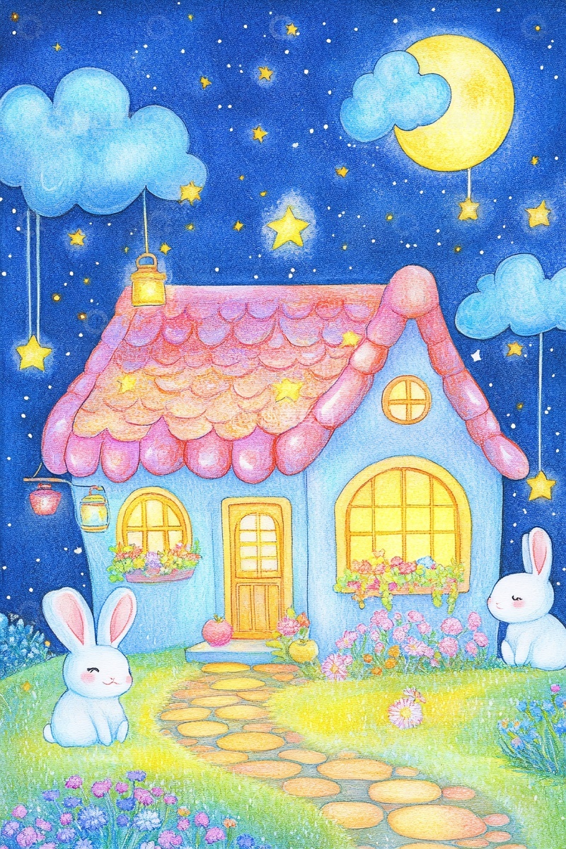 高清大图下载【趣麦麦图】梦幻月夜下的小兔与小屋598
