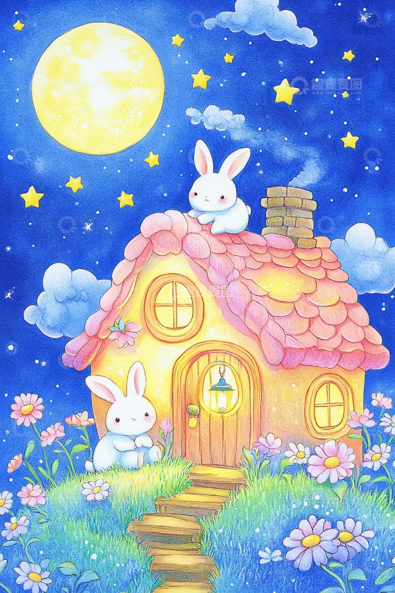 高清大图下载【趣麦麦图】月夜下的兔子小屋插画361