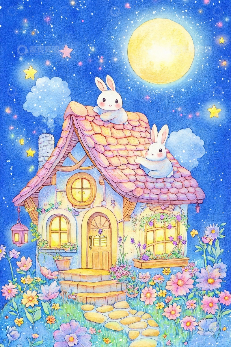 高清大图下载【趣麦麦图】月夜下兔子与梦幻小屋000