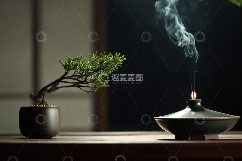 高清大图下载【趣麦麦图】中式焚香与盆景雅致场景723