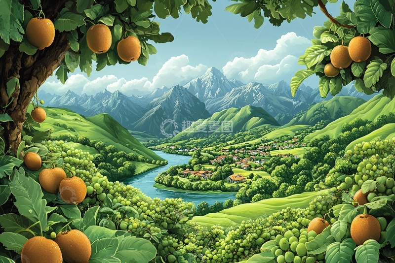 高清大图下载【趣麦麦图】山间橘林美景插画037