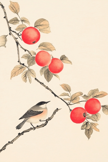 枝头小鸟与红果插画235