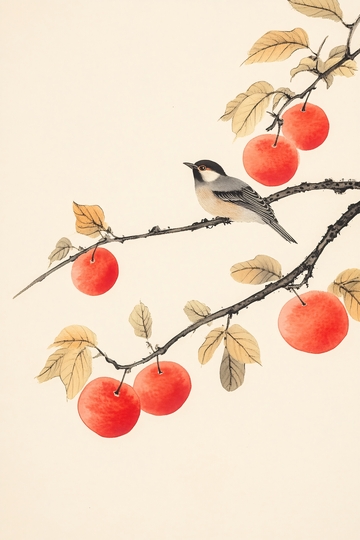 枝头小鸟与红果插画185
