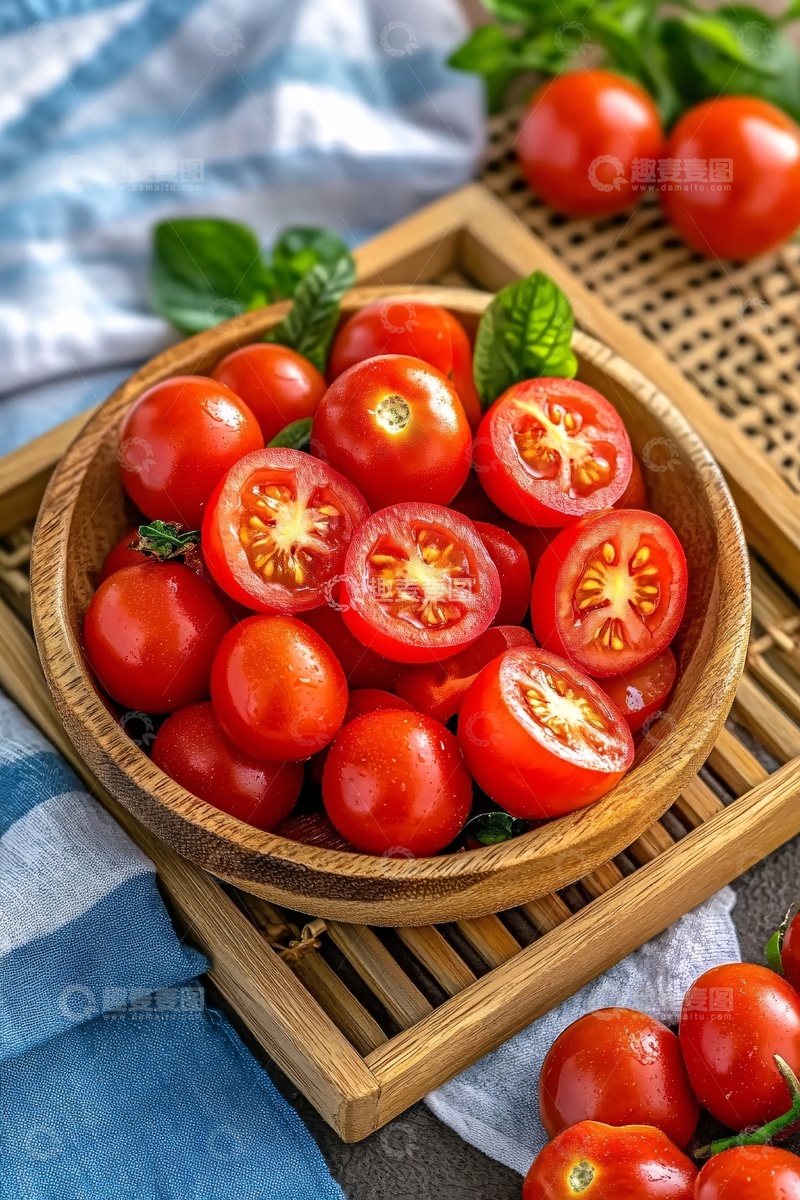 高清大图下载【趣麦麦图】-木碗中盛放的新鲜小番茄606