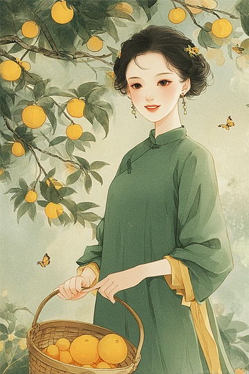 身着旗袍提篮女子与硕果251