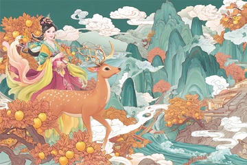 古风仙女与鹿的山水图景437
