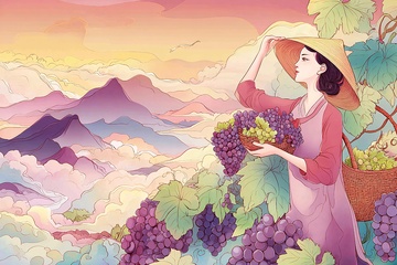 山间女子采摘葡萄插画342