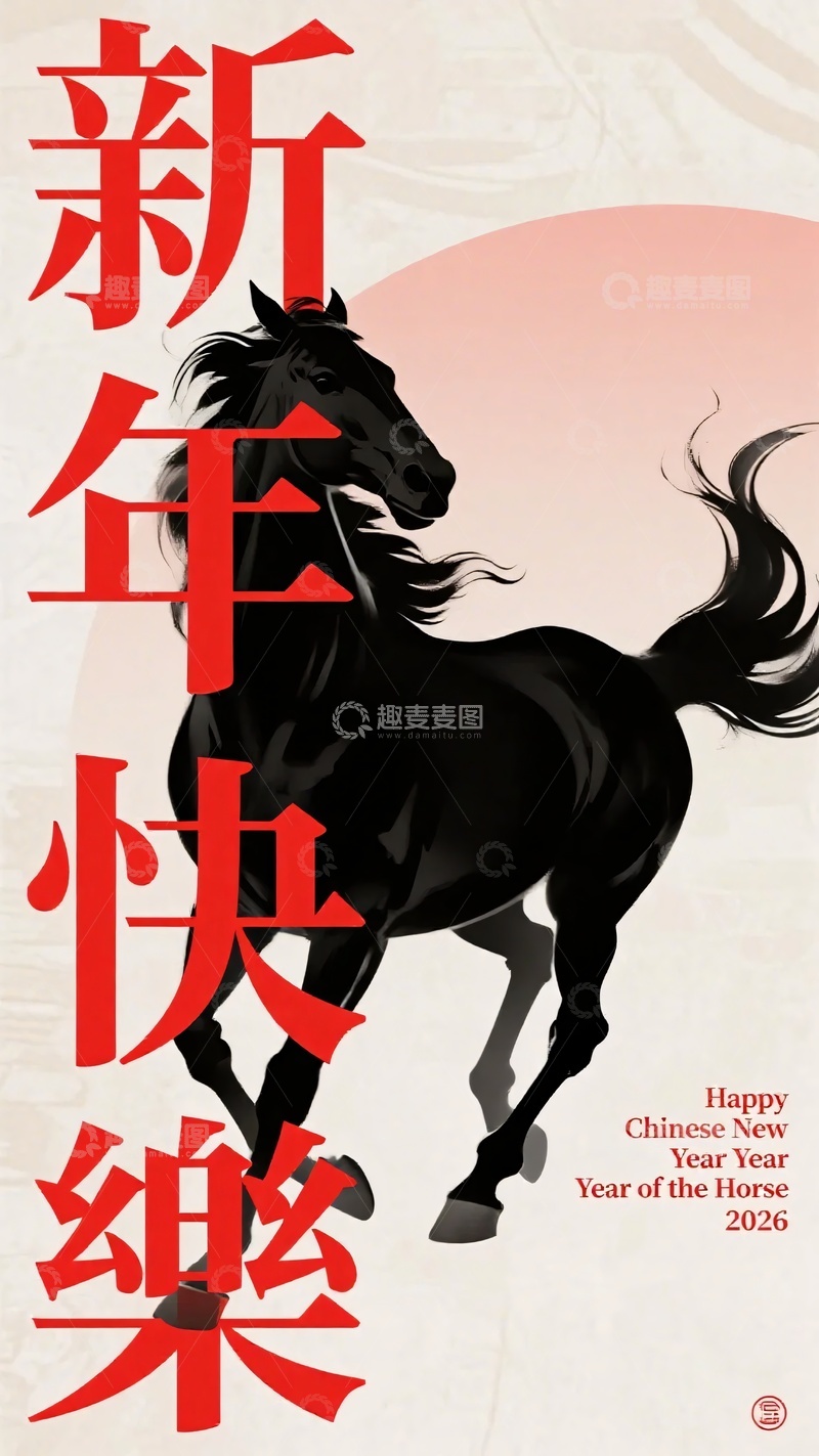 高清大图下载【趣麦麦图】黑色骏马贺新年插画049