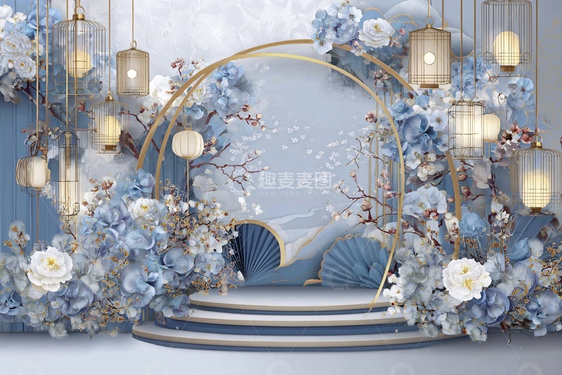 高清大图下载【趣麦麦图】蓝白色中式花卉拱门场景511