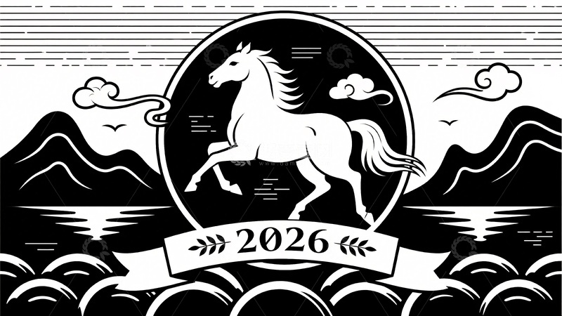 高清大图下载【趣麦麦图】年马主题黑白插画886