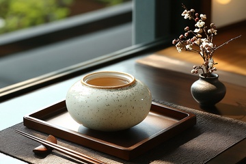 窗前茶具与插花的静谧景致005