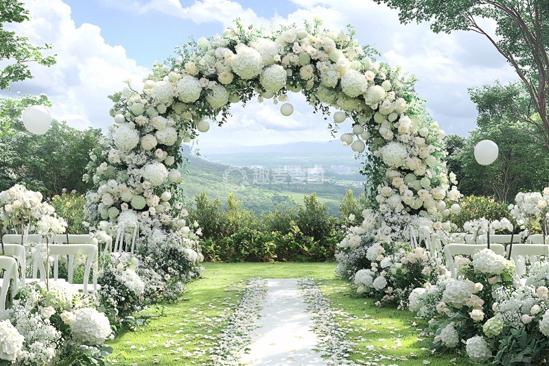 高清大图下载【趣麦麦图】-户外白色花卉婚礼拱门场景670