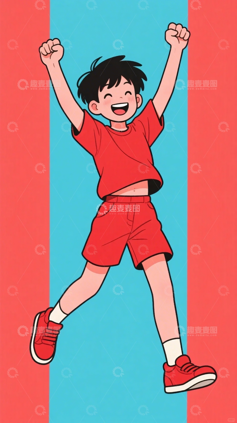 高清大图下载【趣麦麦图】欢呼跳跃的红衣小男孩984