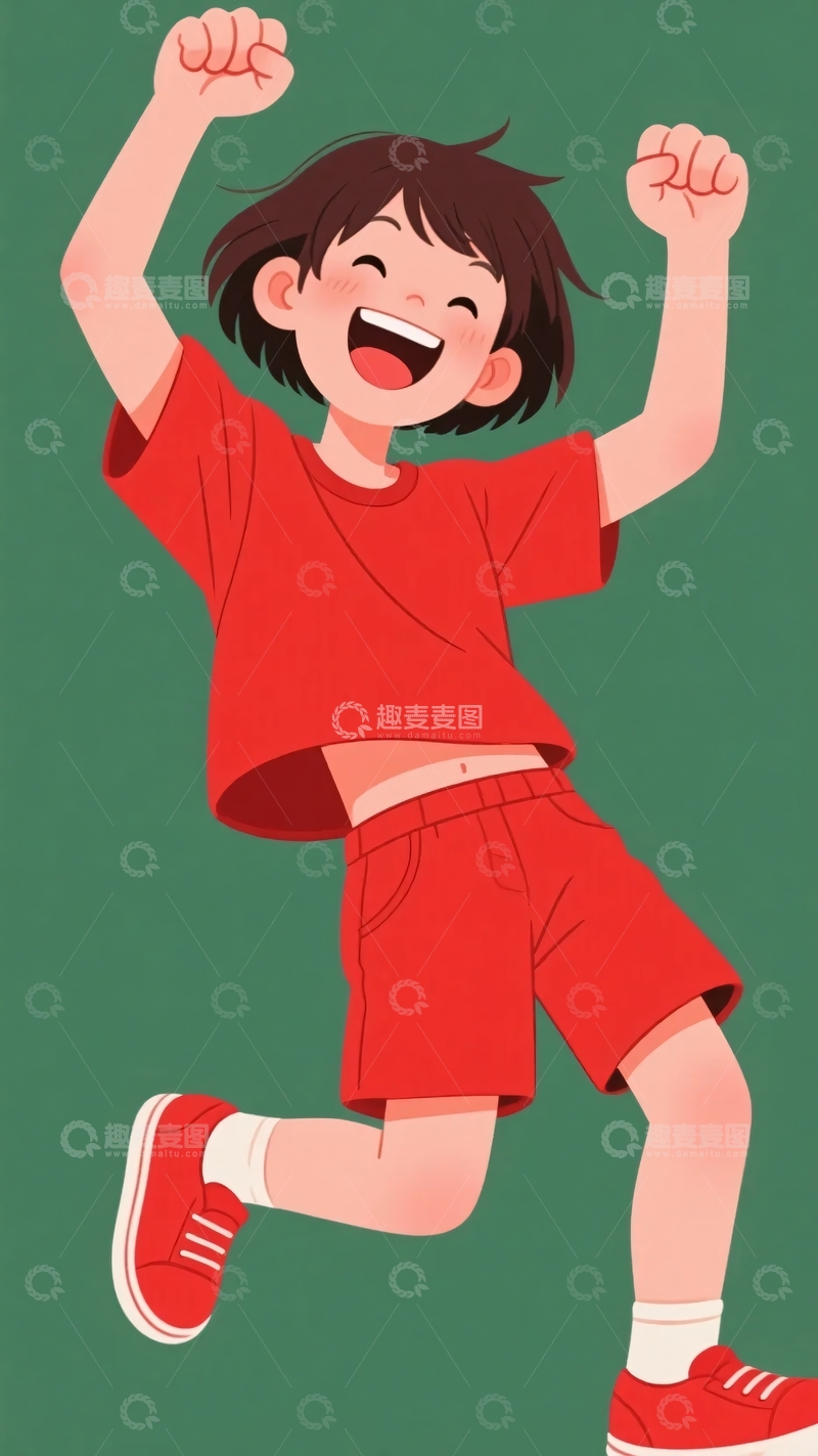 高清大图下载【趣麦麦图】红衣少年开心跳跃插画223