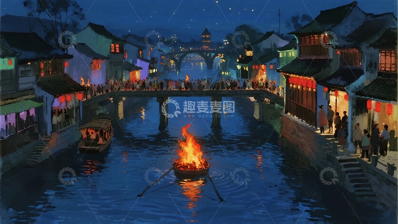 高清大图下载【趣麦麦图】-水乡夜景中的船只与灯火776