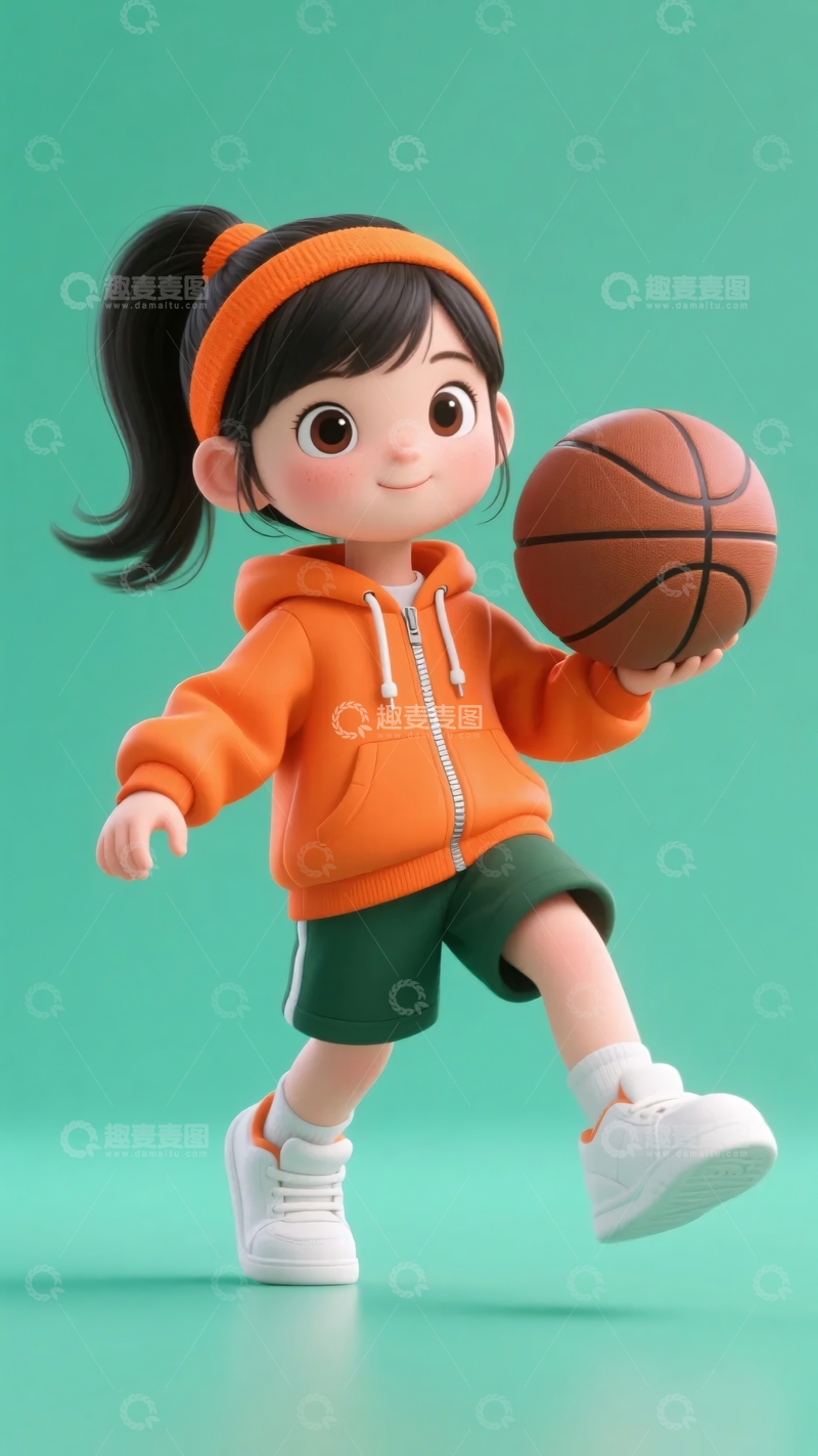 高清大图下载【趣麦麦图】-手持篮球的卡通小女孩200