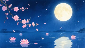 月夜下的繁花与湖水美景283