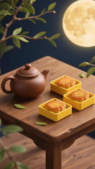 月下木桌的茶壶与月饼167