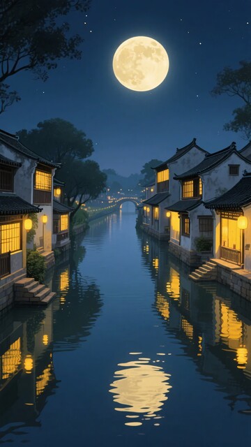 月夜下的水乡古镇美景417