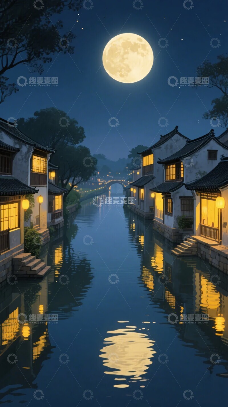 高清大图下载【趣麦麦图】-月夜下的水乡古镇美景417