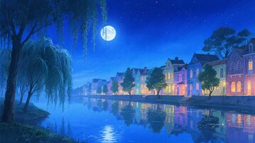 月夜下的河畔小镇风景145