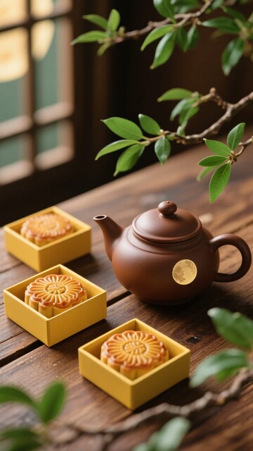 中式木桌上的月饼与茶壶261