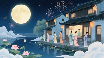 古风月夜人物赏景插画553