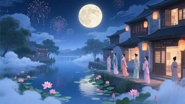 古风月夜湖畔女子赏景图293