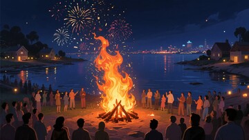 夜晚众人围篝火赏烟花场景390