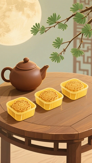 中式桌上的月饼与茶壶景象067