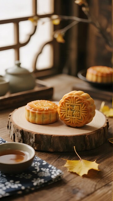 木桌上的月饼与茶具静物364