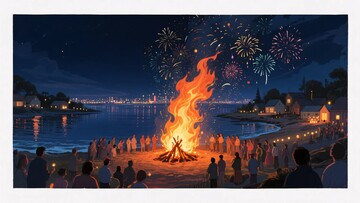 夜晚湖畔篝火烟花场景307