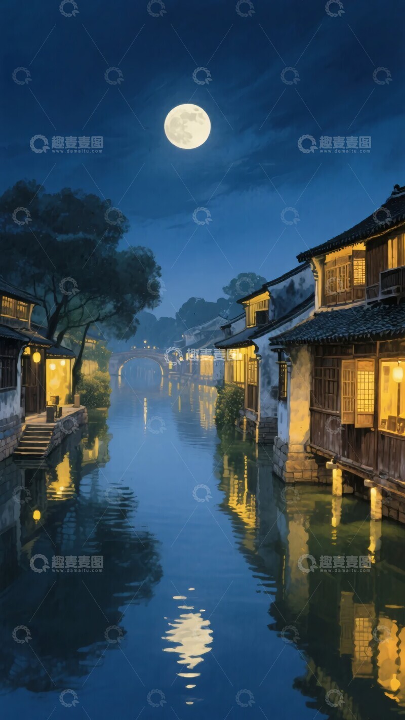 高清大图下载【趣麦麦图】-月夜下的水乡静谧景象663