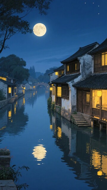 月夜下的水乡静谧景象232